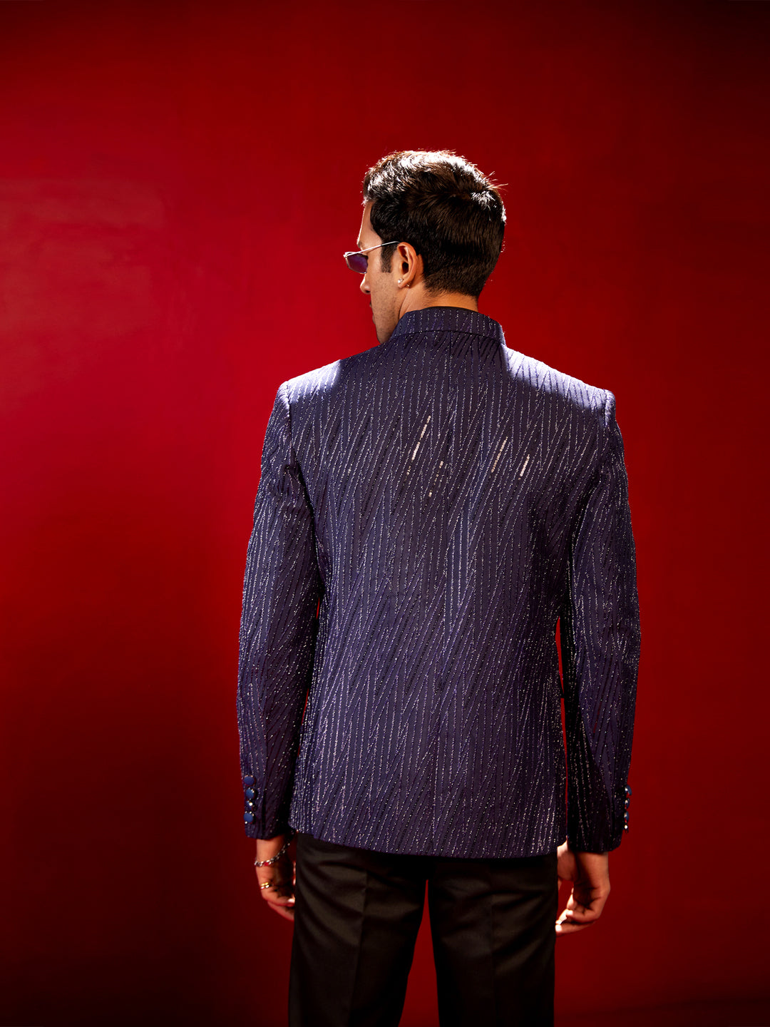 Men's Navy Blue Sequined Jodhpuri