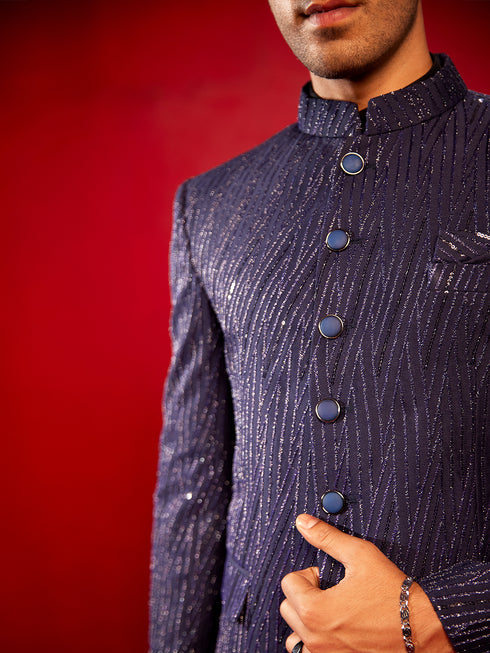 Men's Navy Blue Sequined Jodhpuri