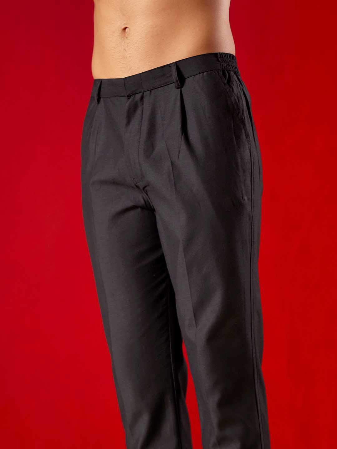 Men's Black Kurta Pant Set With Velvet Slit Sleeves Dupatta