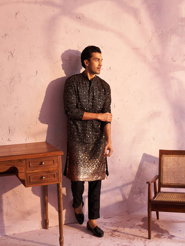 Men's Black Georgette Zari With Sequins Worked Kurta Pant Set