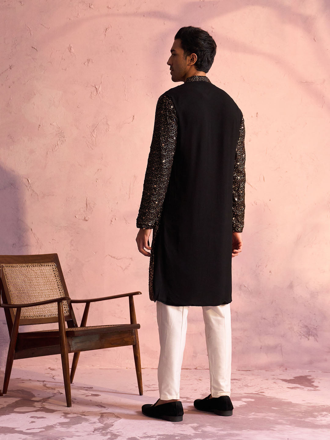 Men's Black Georgette Zari With Sequins Worked Kurta Pant Set