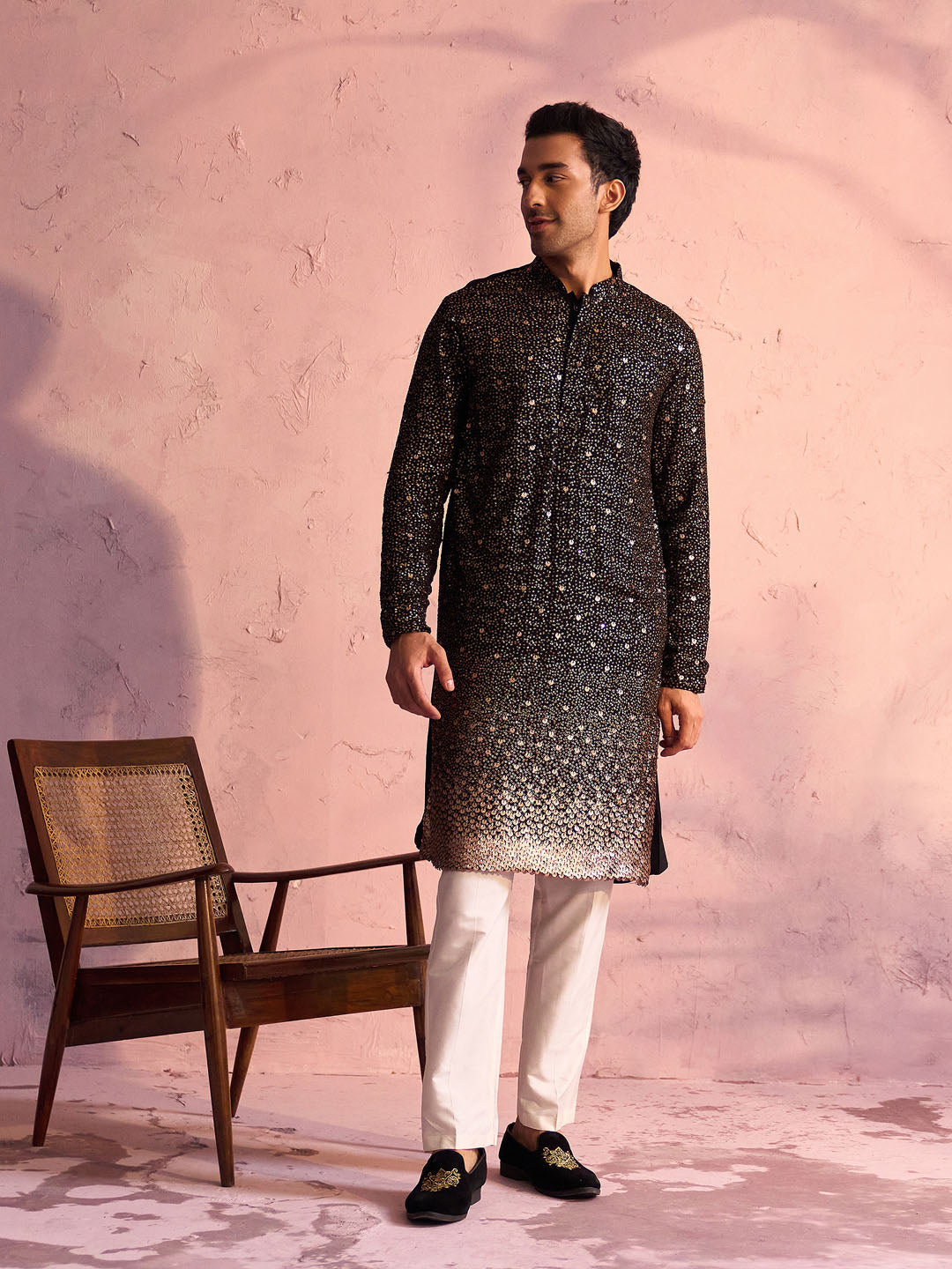 Men's Black Georgette Zari With Sequins Worked Kurta Pant Set