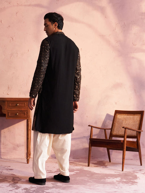 Men's Black Georgette Zari With Sequins Worked Kurta Patiala Set