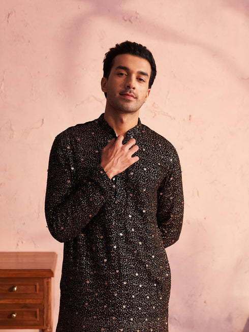 Men's Black Georgette Zari With Sequins Worked Kurta Patiala Set