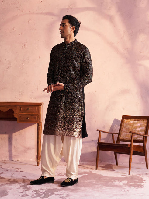 Men's Black Georgette Zari With Sequins Worked Kurta Patiala Set