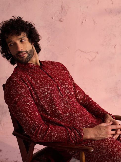 Men's Maroon Georgette Zari With Sequins Worked Kurta Pant Set