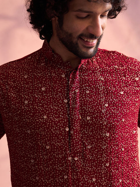 Men's Maroon Georgette Zari With Sequins Worked Kurta Pant Set