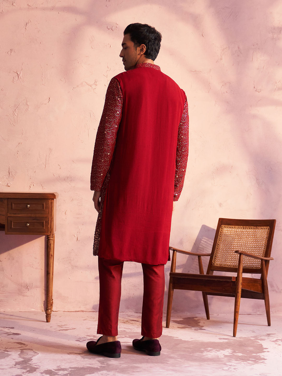 Men's Maroon Georgette Zari With Sequins Worked Kurta Pant Set