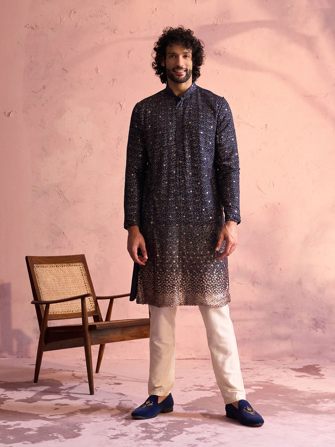 Men's Navy Blue Georgette Zari With Sequins Worked Kurta Pant Set