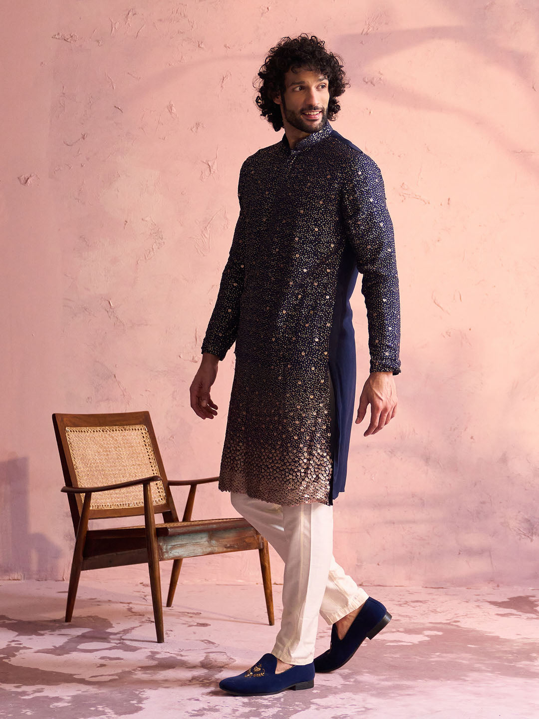 Men's Navy Blue Georgette Zari With Sequins Worked Kurta Pant Set