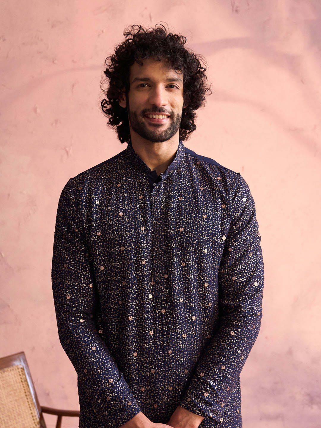 Men's Navy Blue Georgette Zari With Sequins Worked Kurta Pant Set