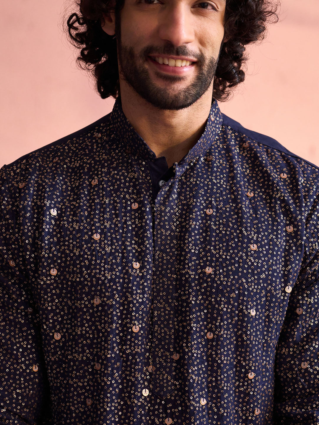 Men's Navy Blue Georgette Zari With Sequins Worked Kurta Pant Set
