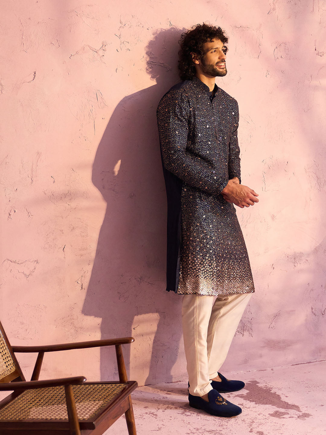 Men's Navy Blue Georgette Zari With Sequins Worked Kurta Pant Set