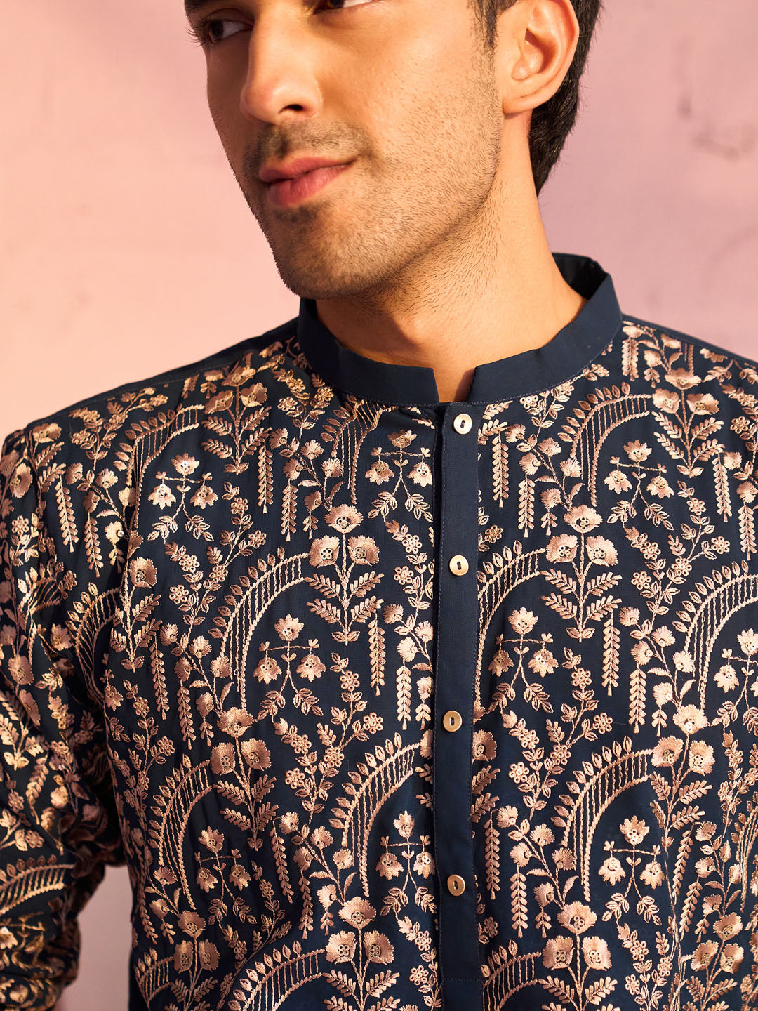 Men's Bottle Green Georgette Embroidered Kurta