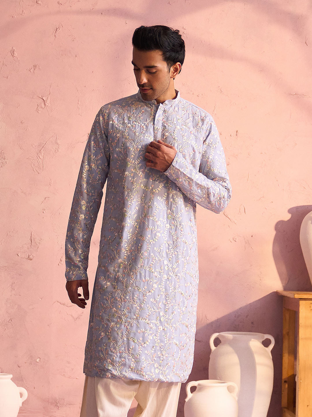 Men's Sky Blue Georgette Floral Motif Embroidered Kurta