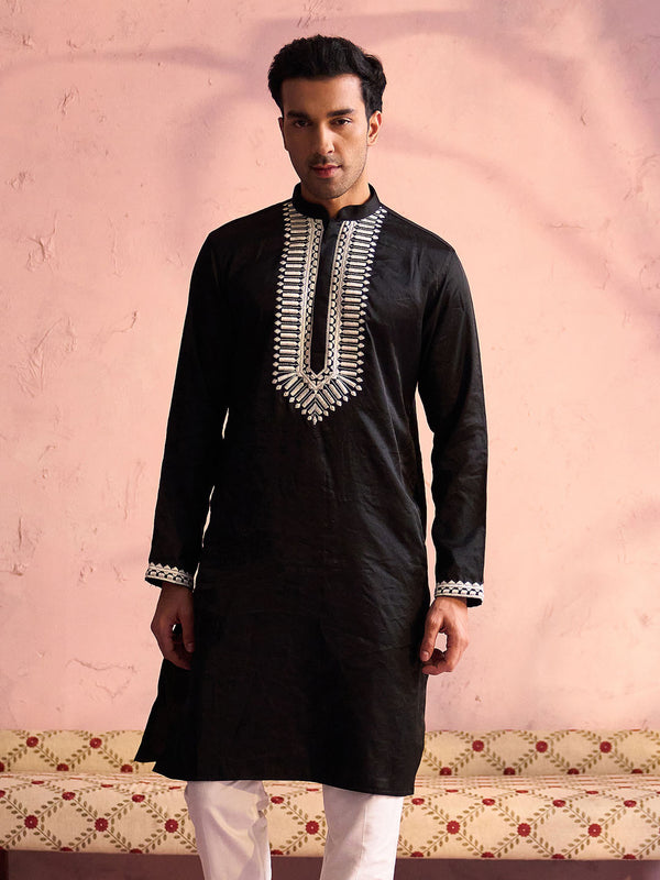 Men's Black Silk Machine Embroidered Kurta