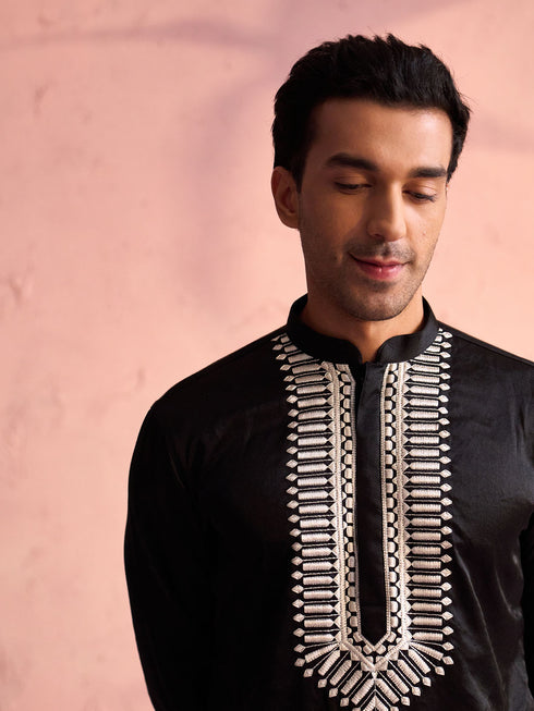 Men's Black Silk Machine Embroidered Kurta