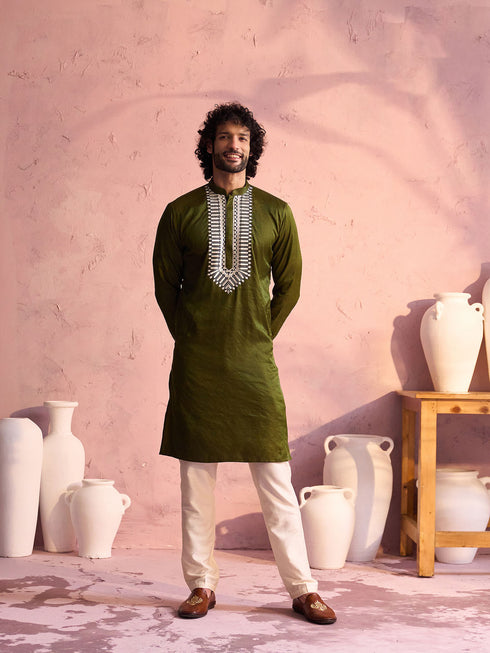 Men's Mint Green Silk Machine Embroidered Kurta
