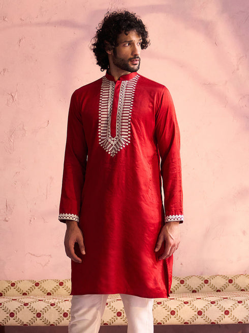 Men's Red Silk Machine Embroidered Kurta