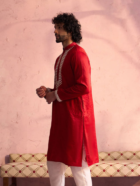 Men's Red Silk Machine Embroidered Kurta
