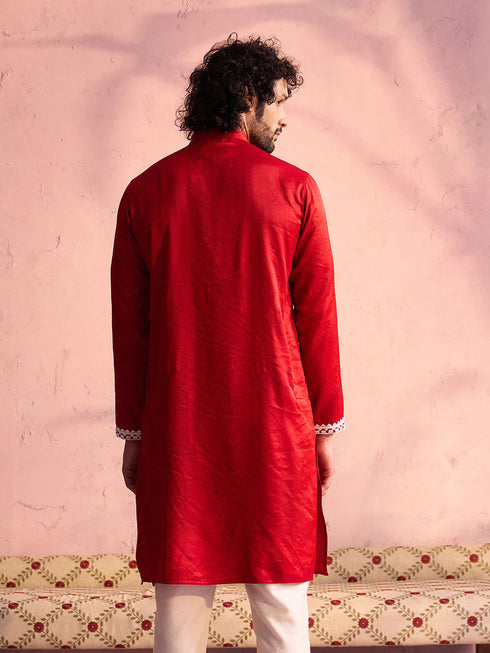 Men's Red Silk Machine Embroidered Kurta