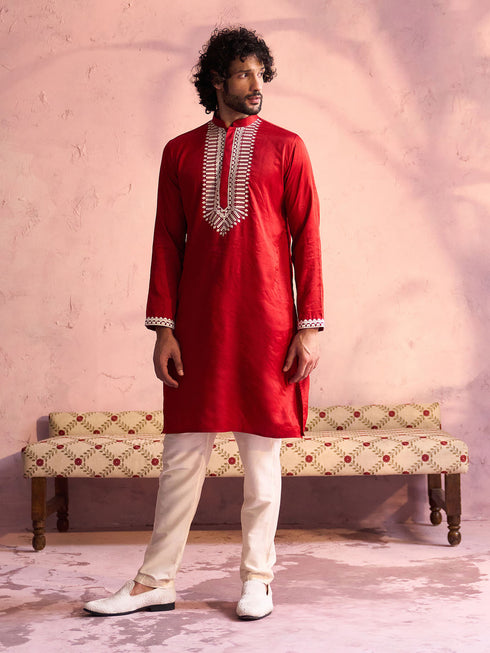 Men's Red Silk Machine Embroidered Kurta
