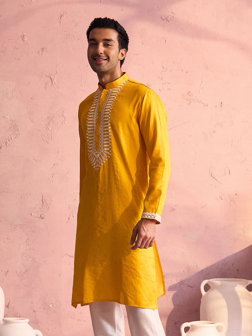 Men's Yellow Silk Machine Embroidered Kurta