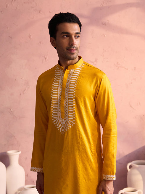 Men's Yellow Silk Machine Embroidered Kurta