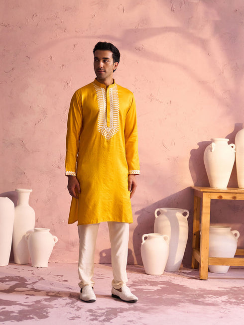 Men's Yellow Silk Machine Embroidered Kurta