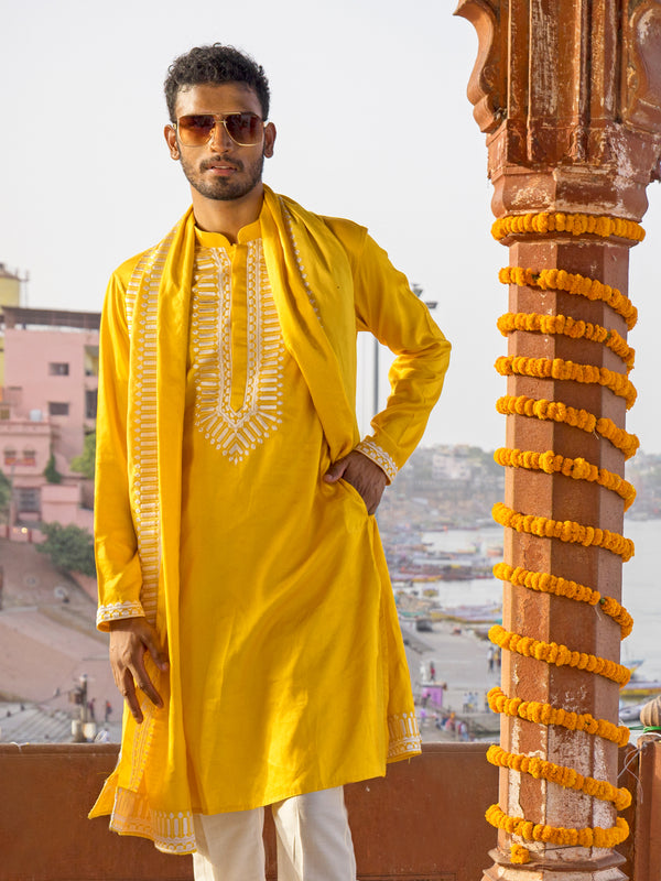 Men's Yellow Silk Machine Embroidered Kurta