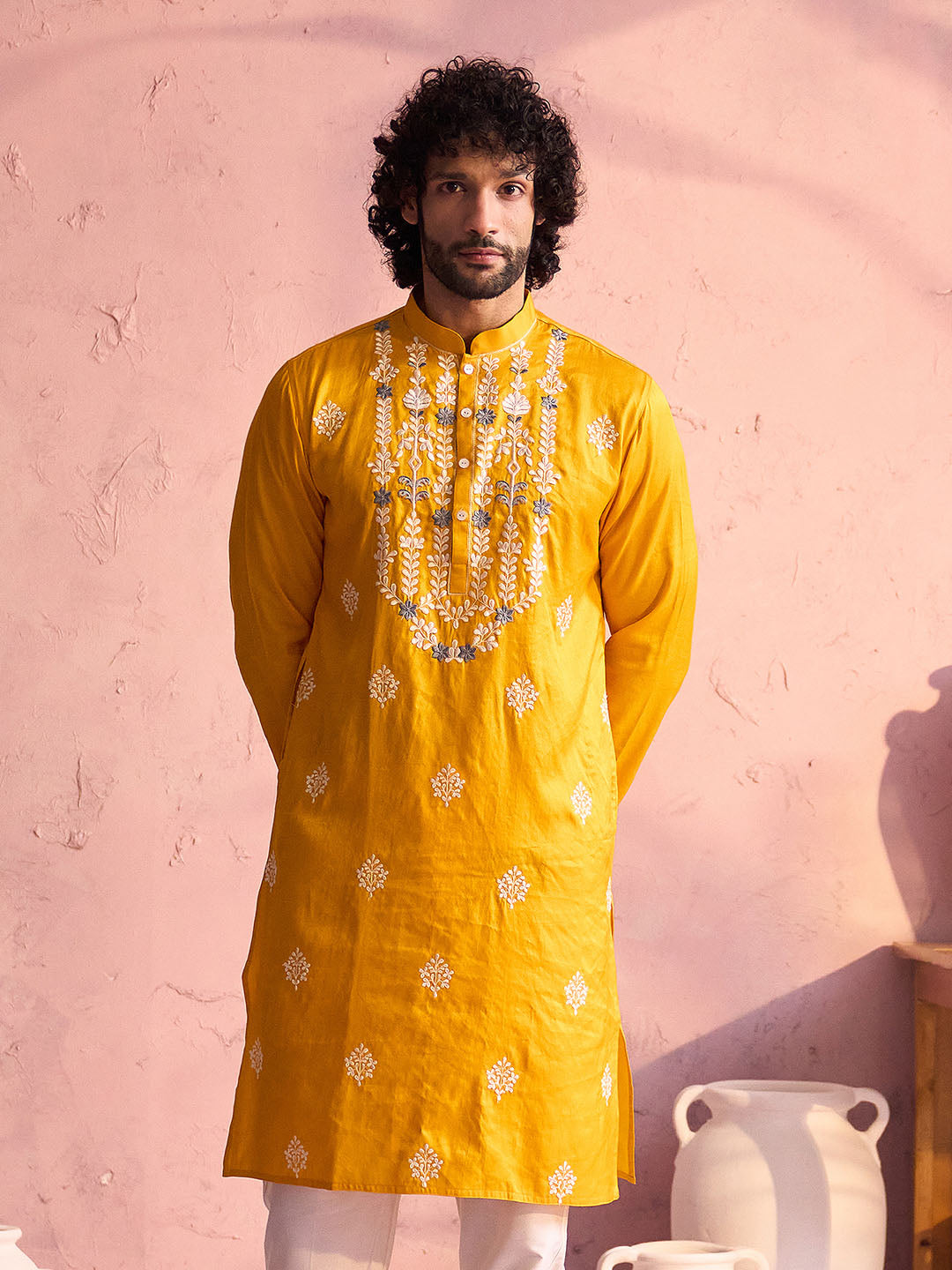 Men's Yellow Embroidered Silk Kurta