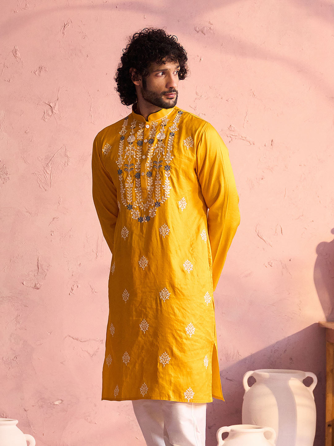 Men's Yellow Embroidered Silk Kurta