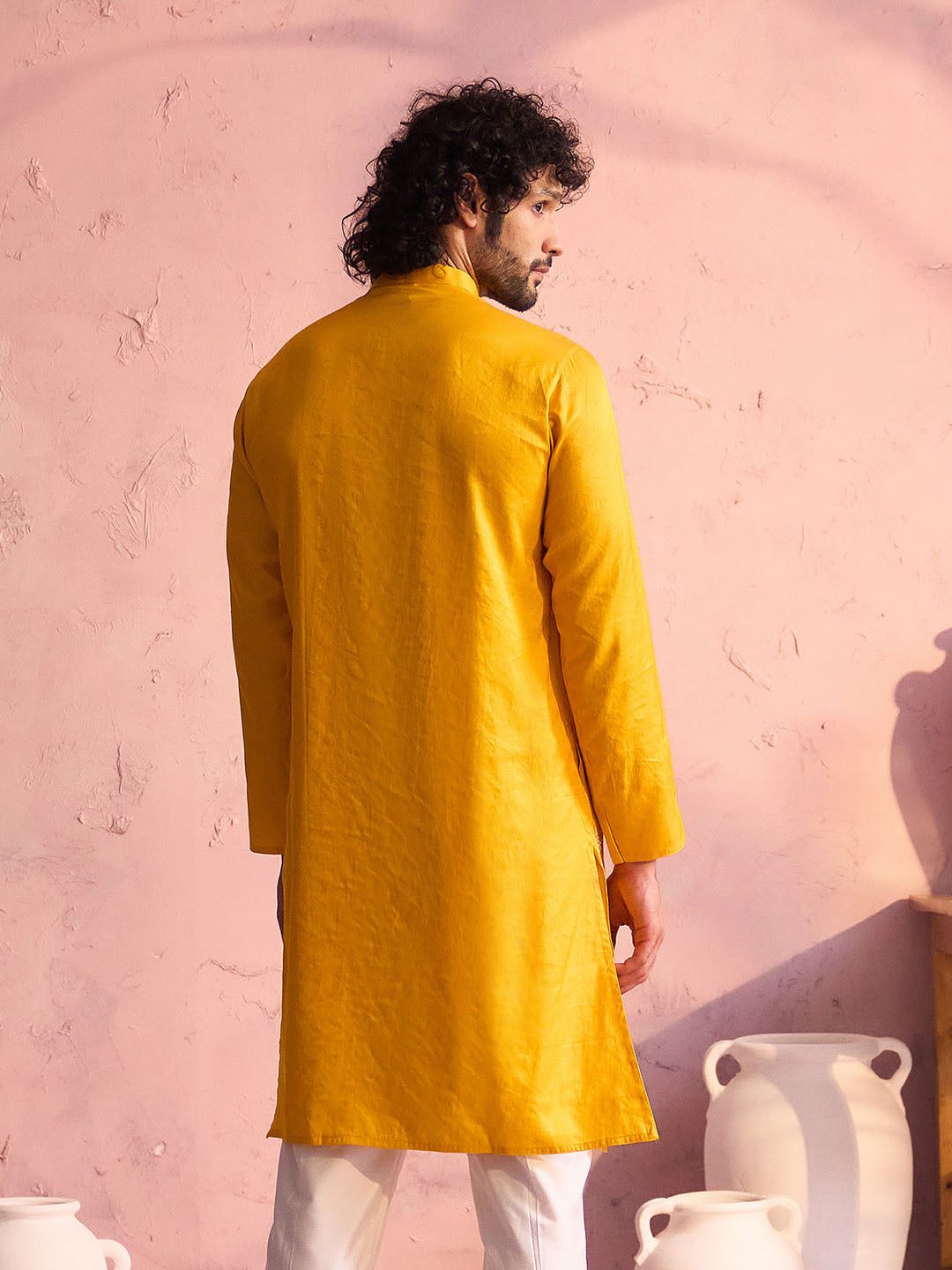 Men's Yellow Embroidered Silk Kurta