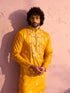 Men's Yellow Embroidered Silk Kurta