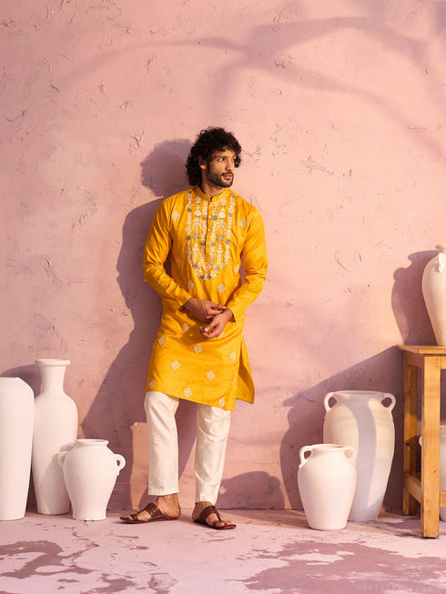 Men's Yellow Embroidered Silk Kurta Pyjama Set