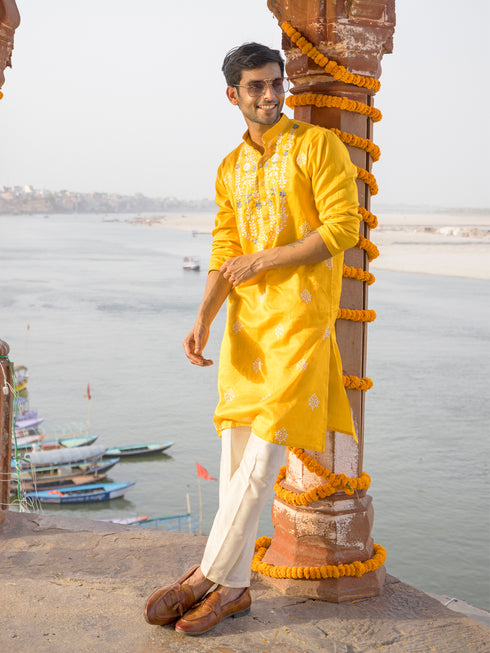 Men's Yellow Embroidered Silk Kurta Pyjama Set