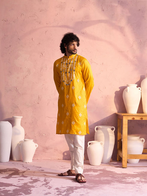 Men's Yellow Embroidered Silk Kurta Pyjama Set