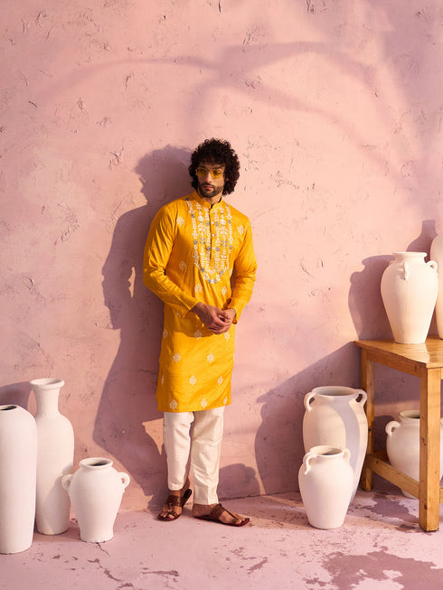 Men's Yellow Embroidered Silk Kurta Pyjama Set