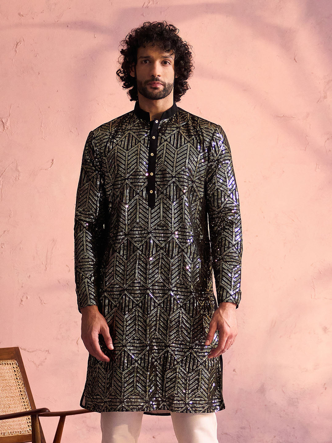 Men's Black Georgette Embellished Kurta