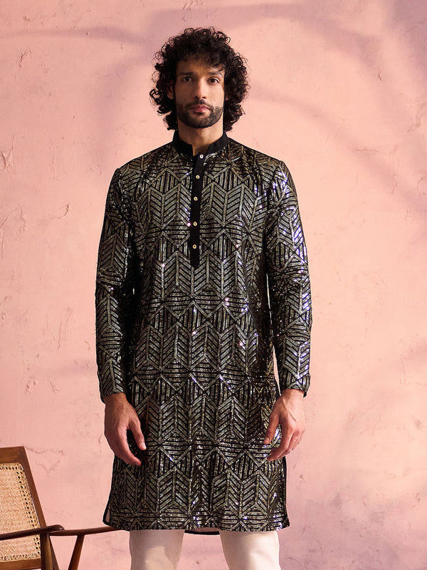 Men's Black Georgette Embellished Kurta