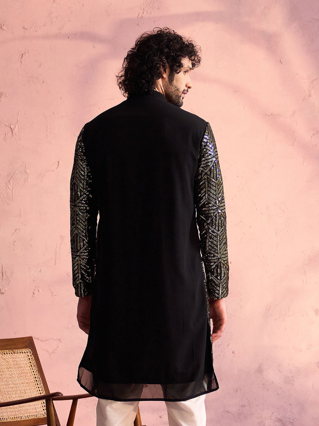 Men's Black Georgette Embellished Kurta