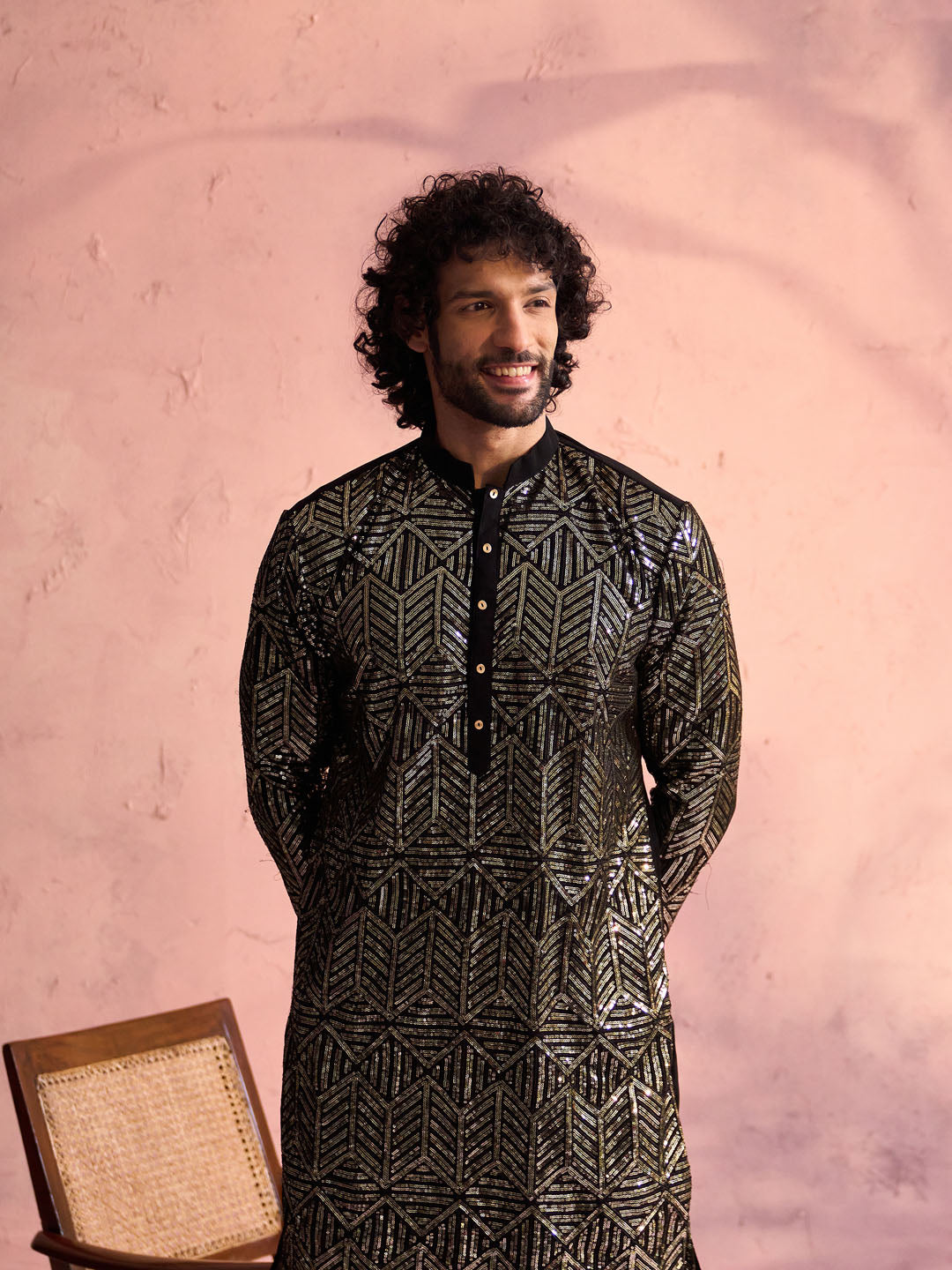 Men's Black Georgette Embellished Kurta
