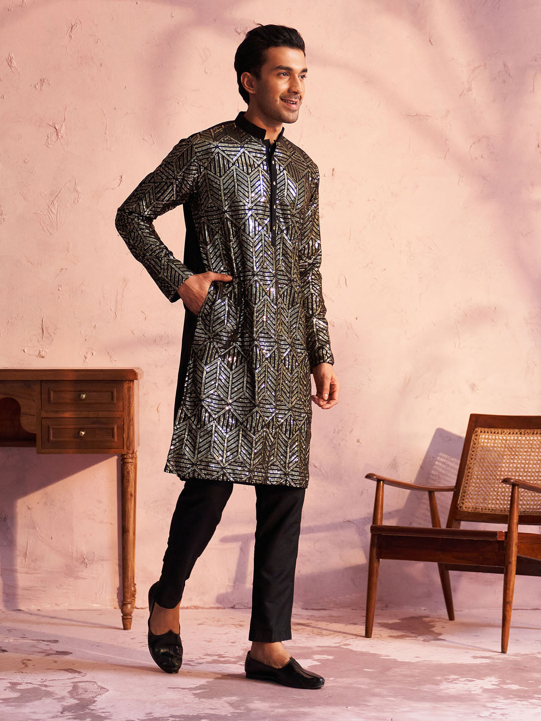 Men's Black Georgette Embellished Kurta Pant Set