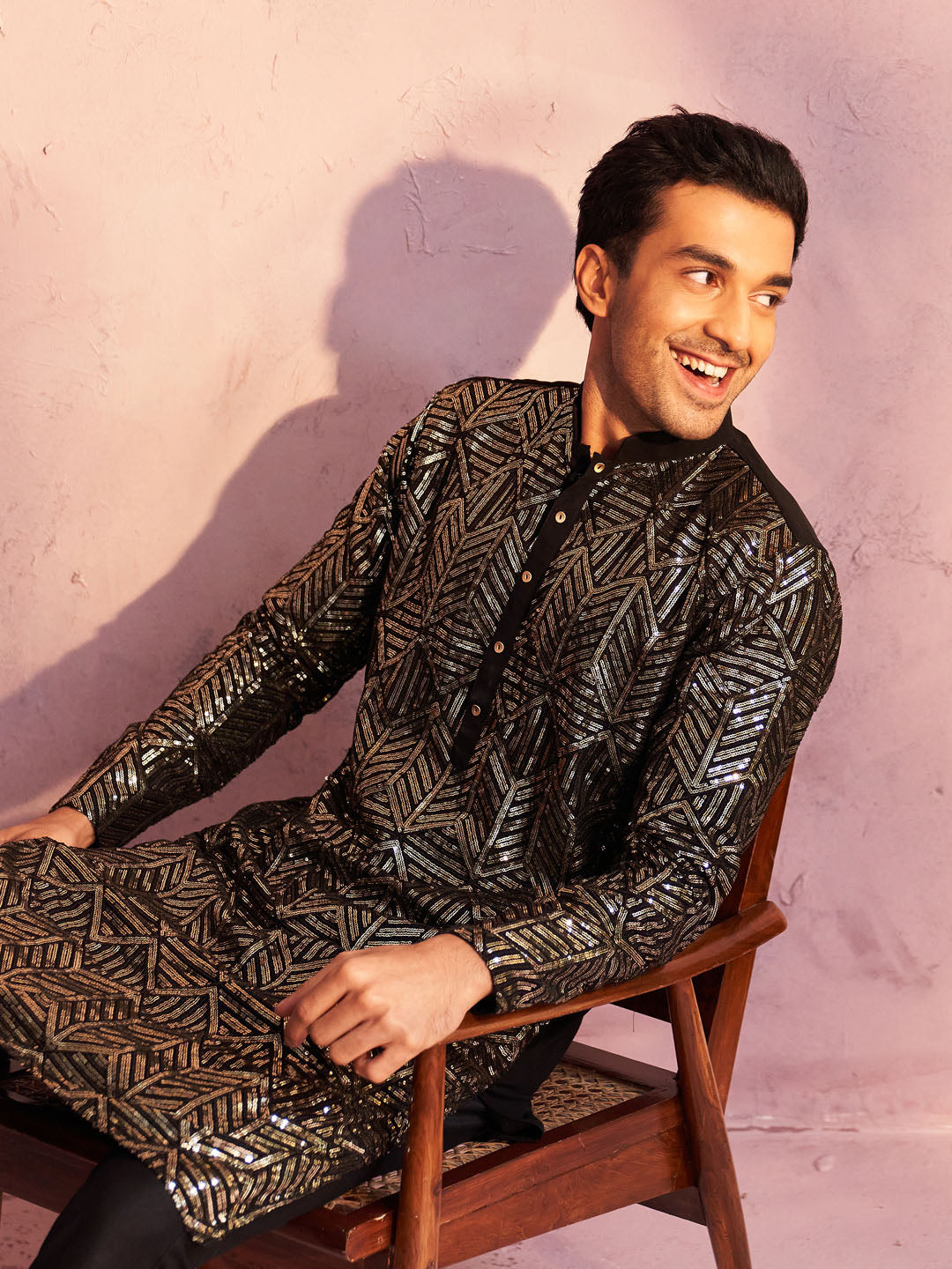 Men's Black Georgette Embellished Kurta Pant Set