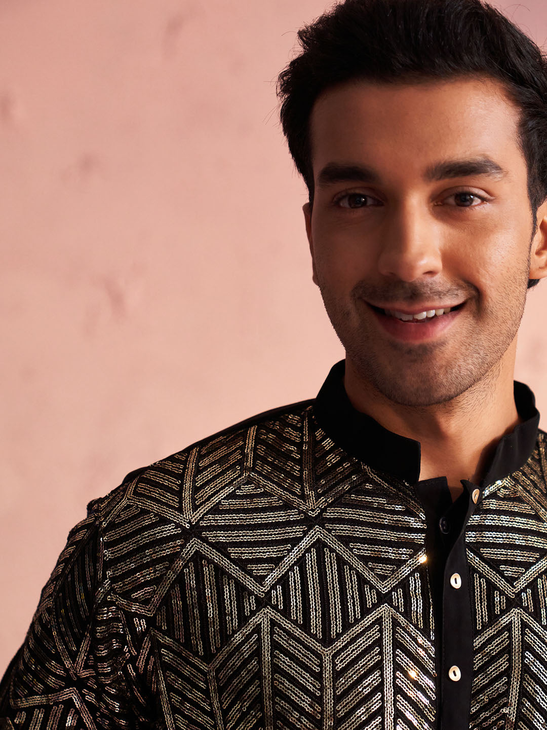 Men's Black Georgette Embellished Kurta Pant Set