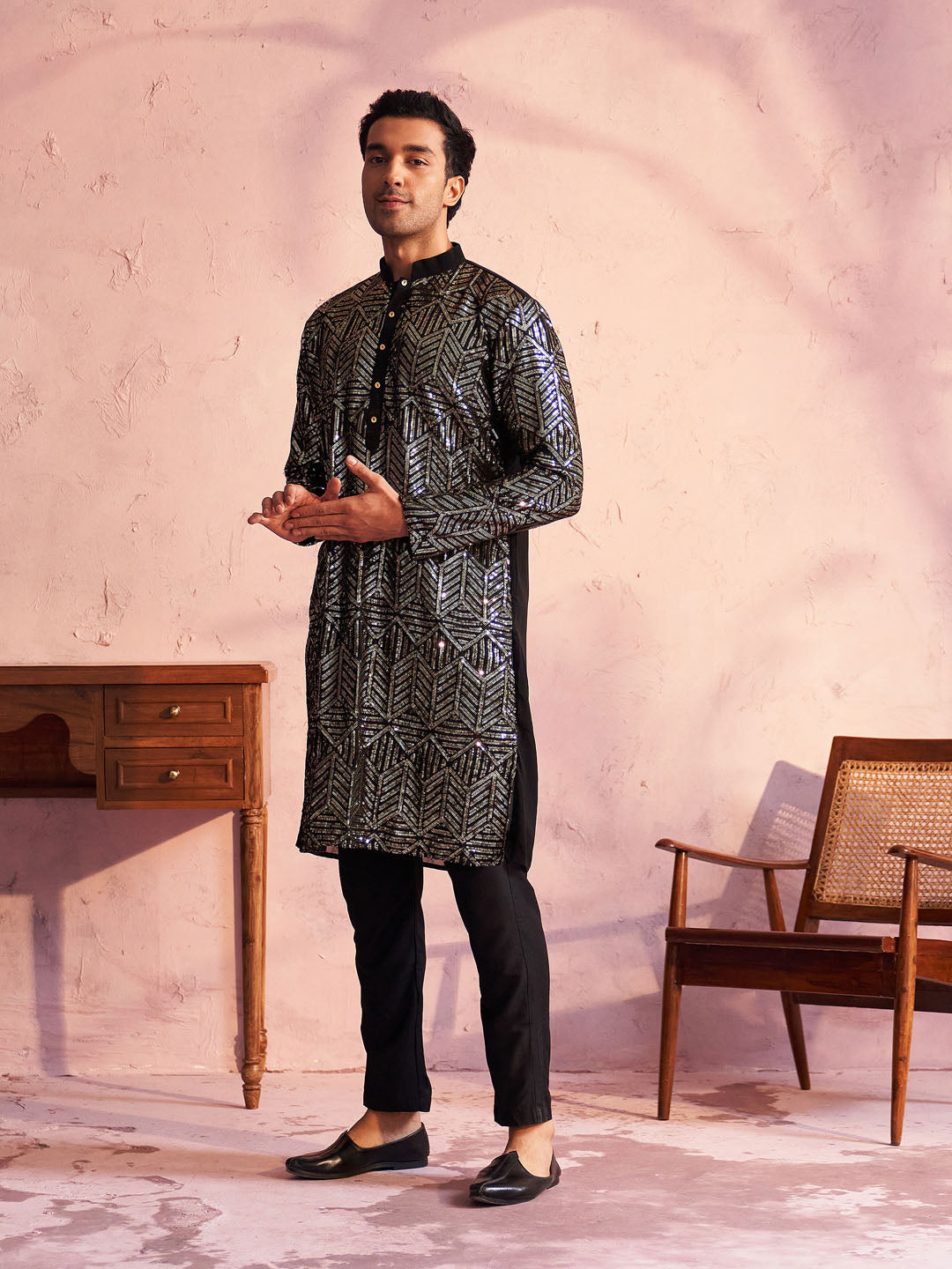 Men's Black Georgette Embellished Kurta Pant Set