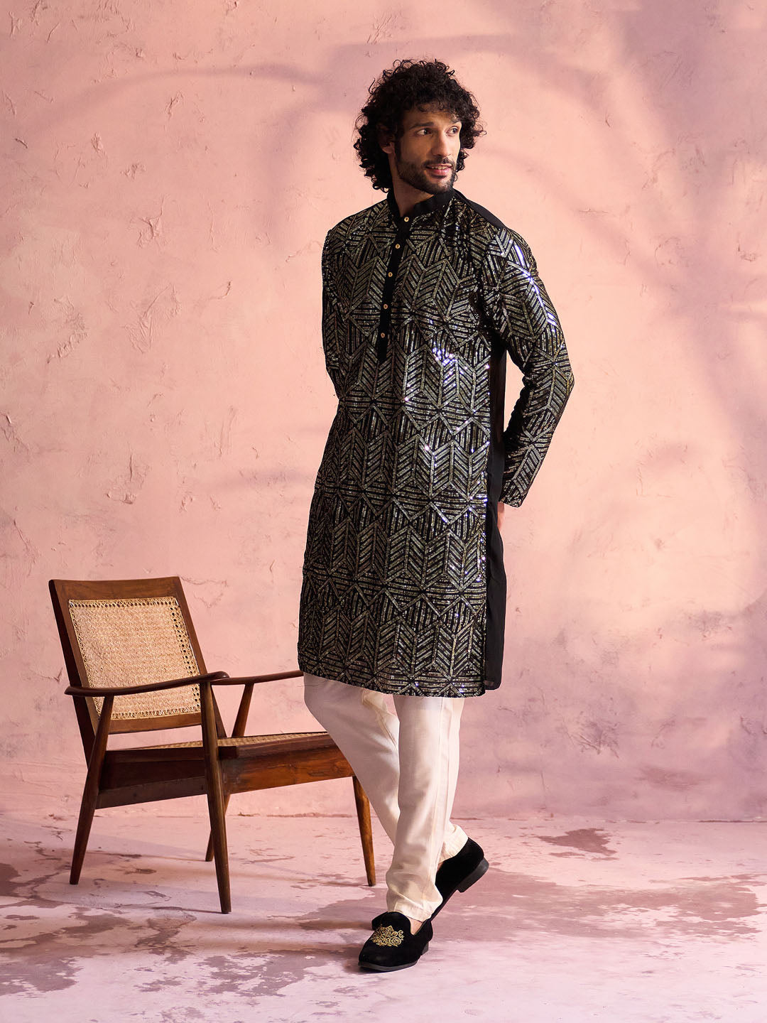 Men's Black Georgette Embellished Kurta Pant Set