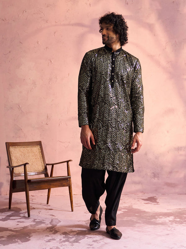 Men's Black Georgette Embellished Kurta Patiala Set