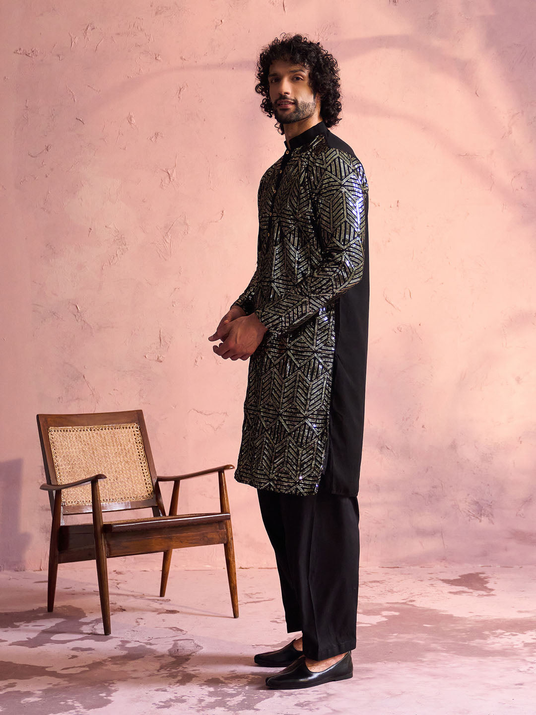 Men's Black Georgette Embellished Kurta Patiala Set
