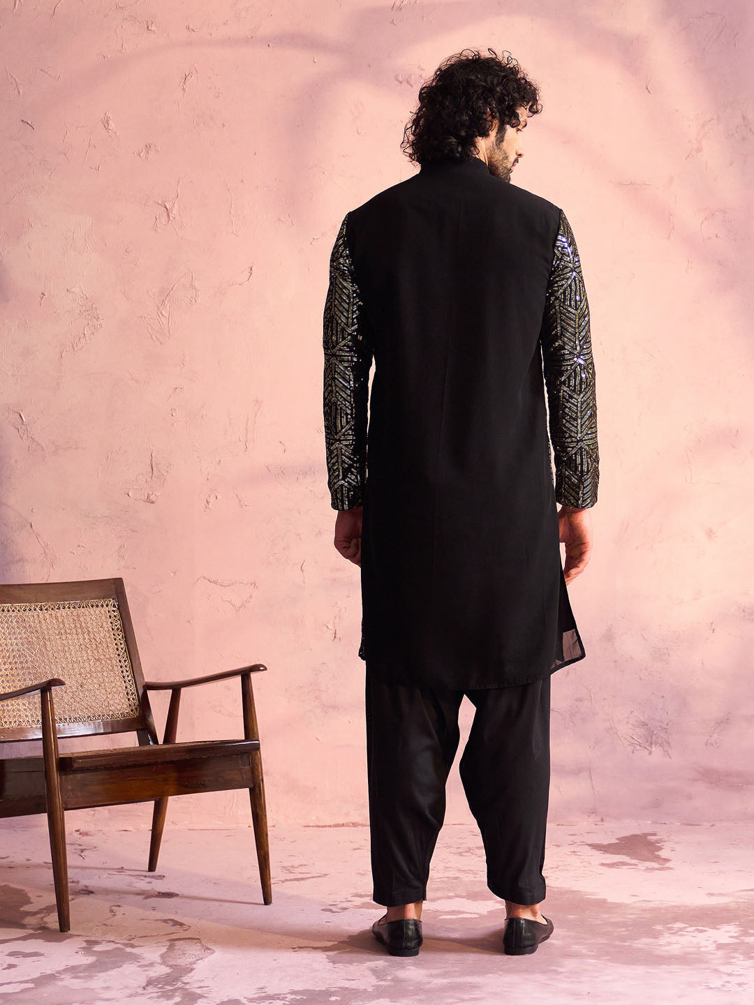 Men's Black Georgette Embellished Kurta Patiala Set